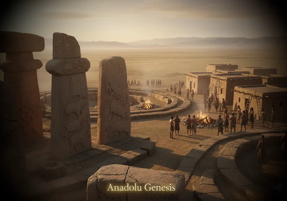 Göbeklitepe ve Çatalhöyük temalı prehistorik Anadolu sahnesi, tarih öncesi insan yaşamı ve arkeolojik atmosfer.