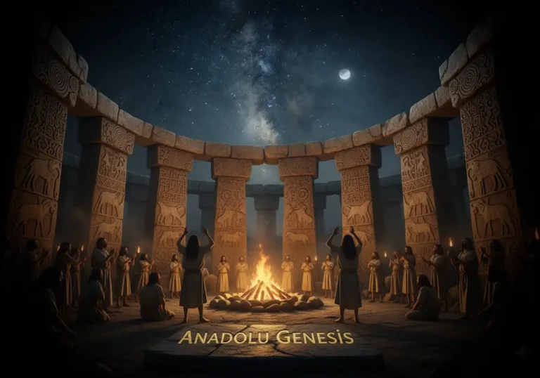 Göbeklitepe benzeri Neolitik tapınakta taş sütunlar üzerindeki gizemli semboller ve ritüel sahnesi.