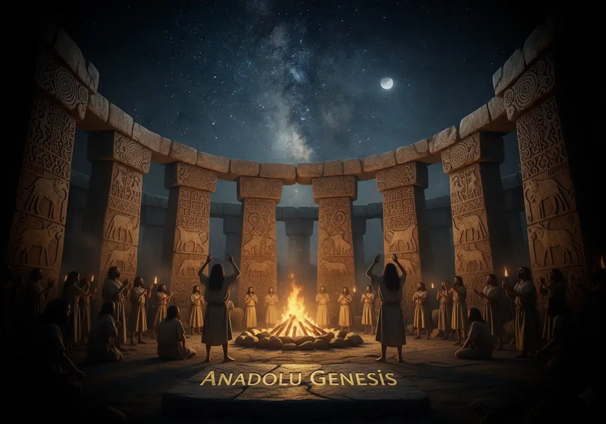 Göbeklitepe benzeri Neolitik tapınakta taş sütunlar üzerindeki gizemli semboller ve ritüel sahnesi.