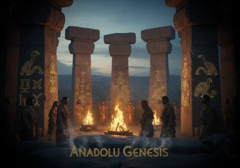 Göbeklitepe benzeri antik Anadolu tapınağında ritüel sembolleri ve taş oymalarla çevrili mistik gece sahnesi.