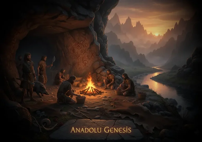 Anadolu’daki Mezolitik Çağ insanlarının mağara çevresinde avcılık ve toplayıcılıkla hayatta kalışını gösteren sahne.