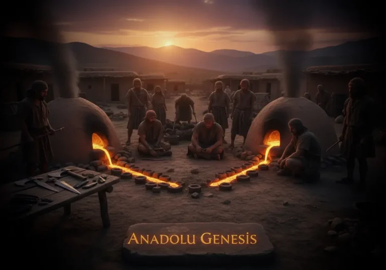 Kalkolitik Çağ Anadolu’sunda bakır eritme atölyeleri ve Taş Devri’nden Metal Çağı’na geçiş sürecini tasvir eden sahne.