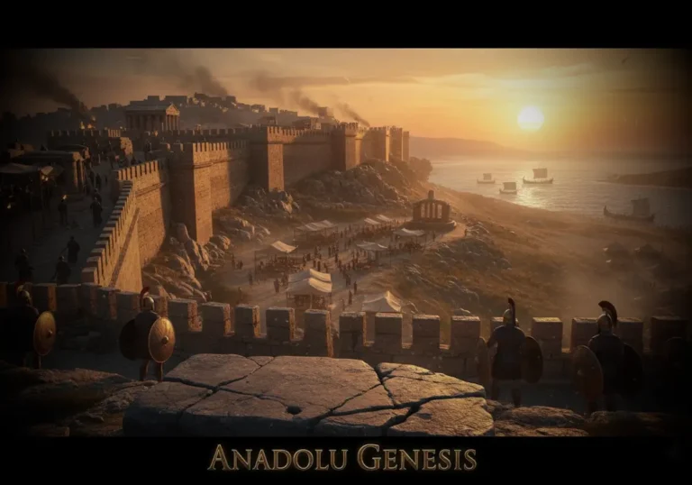 Troya Antik Kenti’nin surlarını ve Tunç Çağı atmosferini gösteren sinematik tarihsel canlandırma görseli.