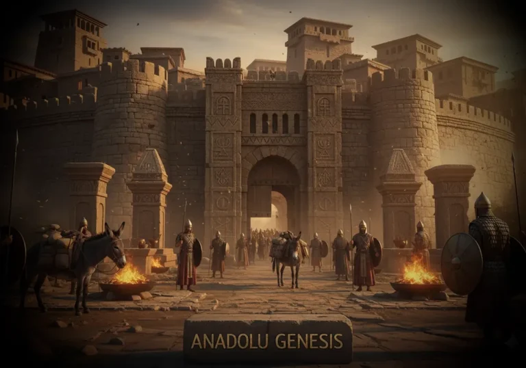 Tunç Çağı Anadolu’sunda surlarla çevrili şehir devleti, kervanlar ve tunç silahlı savaşçıların yer aldığı sahne.