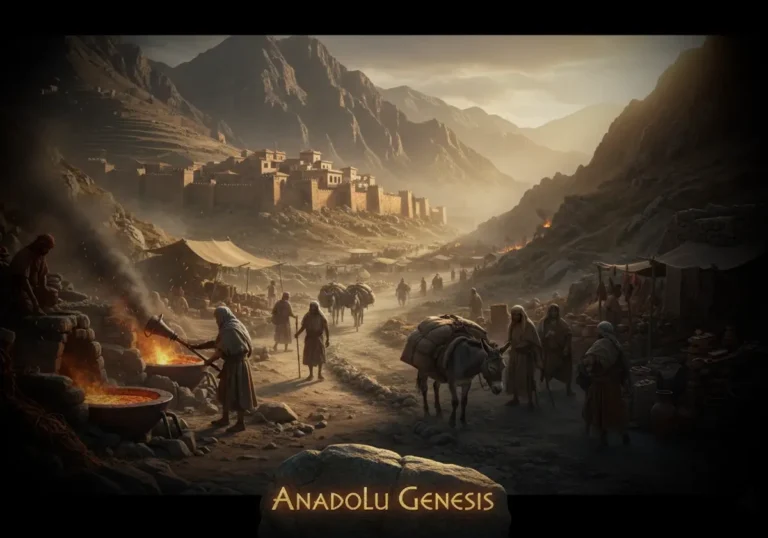 Tunç Çağı Anadolu’sunda madencilik, ticaret kervanları ve metal üretimini gösteren sinematik tarihsel sahne.