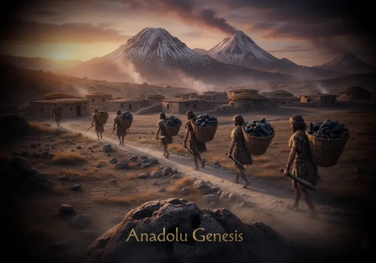 Kapadokya’da obsidyen ticareti yapan Neolitik toplulukları ve volkanik Anadolu atmosferini gösteren sinematik sahne.