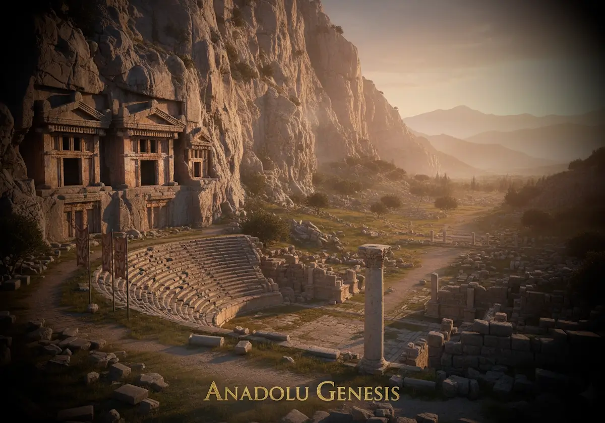 UNESCO mirası Xanthos Antik Kenti’nde Likya kaya mezarları ve antik tiyatronun gün batımındaki görünümü.