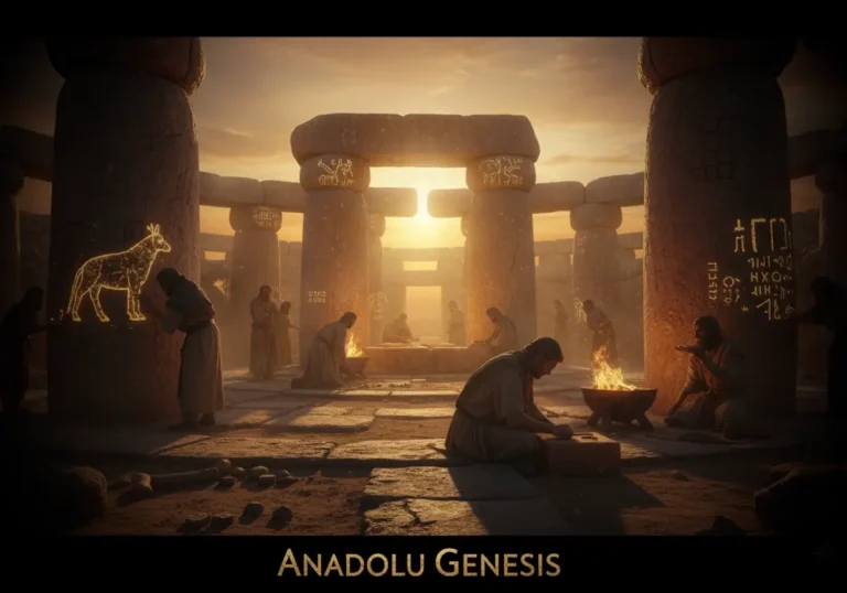 Göbeklitepe ve Mezopotamya’dan ilham alan sahnede proto-yazı sembolleri ve antik Anadolu’da yazının doğuşu tasvir ediliyor.