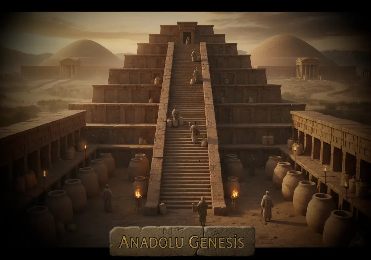 Mezopotamya zigguratları ile Anadolu höyükleri arasında tapınak ekonomisini gösteren sinematik tarihsel sahne.