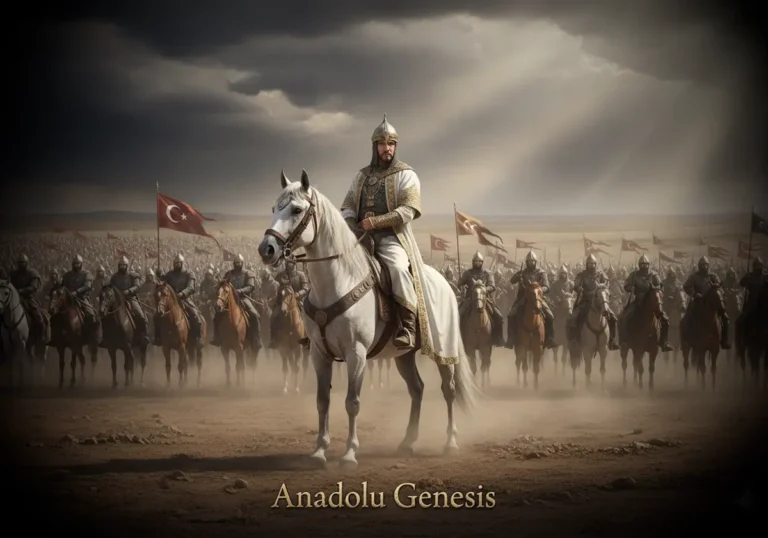 1071 Malazgirt Savaşı öncesinde Sultan Alp Arslan'ın Selçuklu ordusunu Anadolu ovasında yönettiğini gösteren tarihî canlandırma.