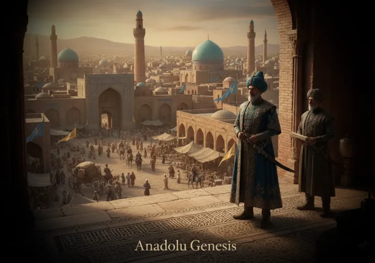 Büyük Selçuklu Devleti'nin Melikşah dönemindeki siyasi gücünü, İsfahan'ı ve Selçuklu yönetimini gösteren tarihî canlandırma görseli.
