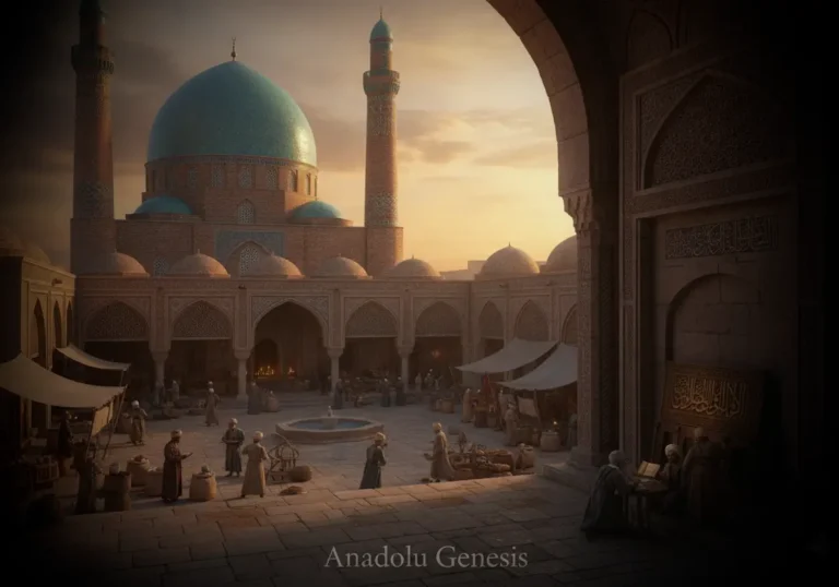 Büyük Selçuklu döneminde medrese, cami ve bilim insanlarının yer aldığı Türk-İslam medeniyetini betimleyen tarihsel sahne.