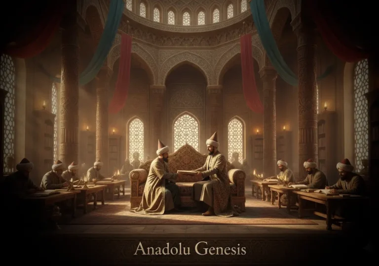 Karahanlı sarayında Yusuf Has Hacib'in Kutadgu Bilig'i hükümdara sunduğu ve Türk-İslam devlet anlayışını yansıtan tarihî sahne.