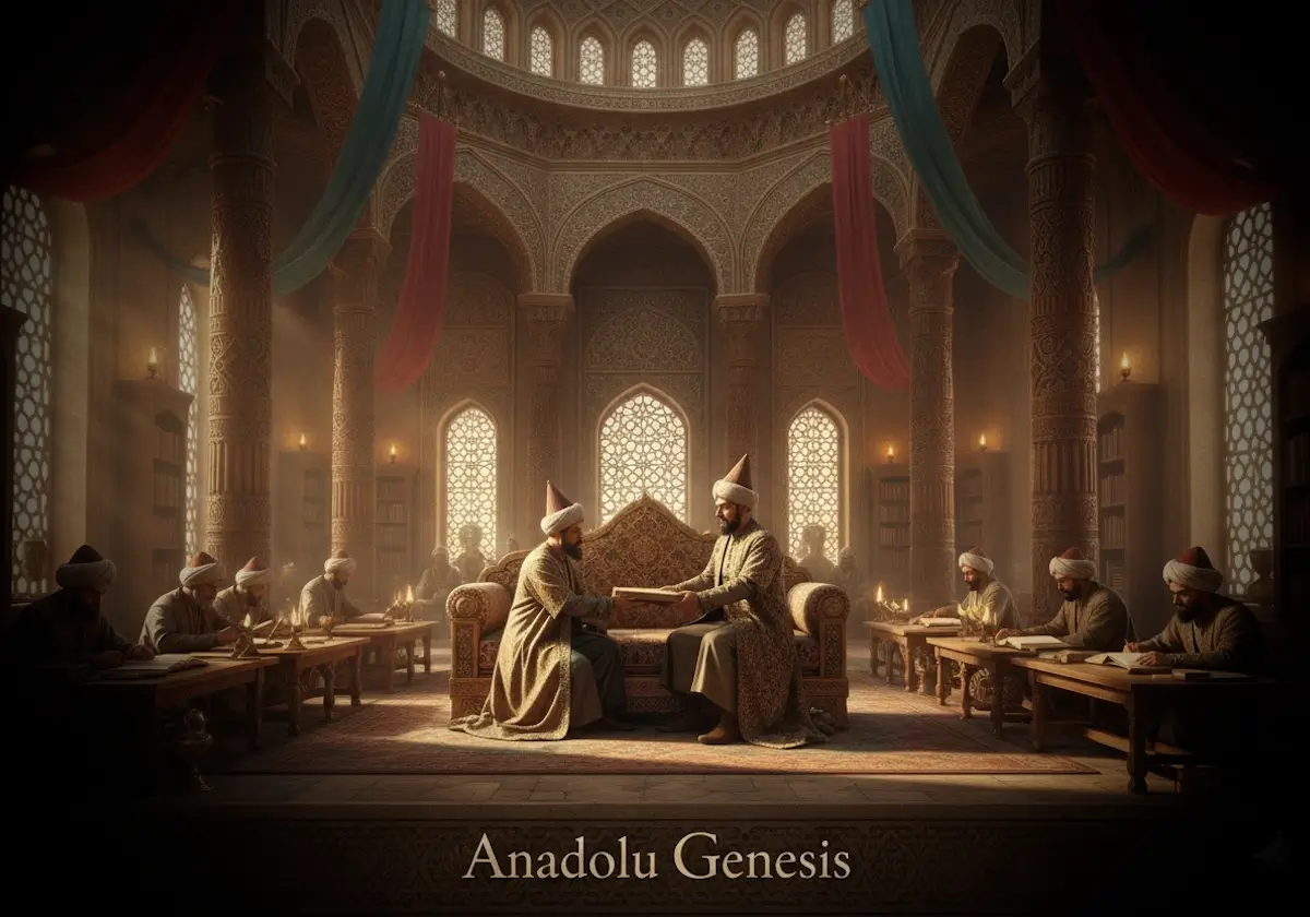 Karahanlı sarayında Yusuf Has Hacib'in Kutadgu Bilig'i hükümdara sunduğu ve Türk-İslam devlet anlayışını yansıtan tarihî sahne.