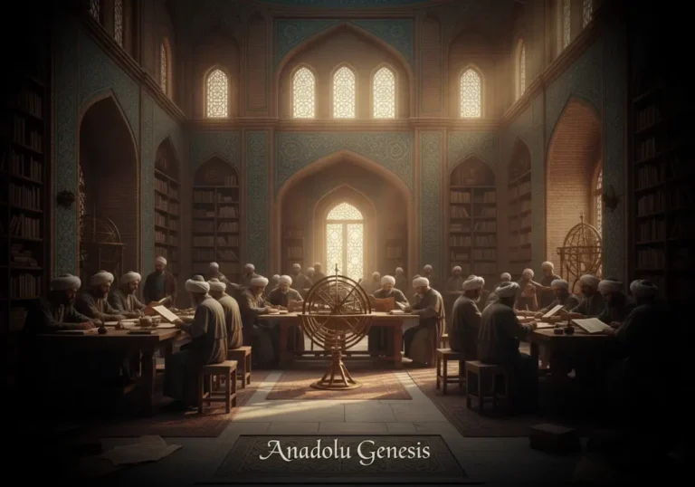 Büyük Selçuklu döneminde medrese kütüphanesinde astronomi, matematik ve tıp çalışan Türk-İslam âlimlerini gösteren tarihî sahne.