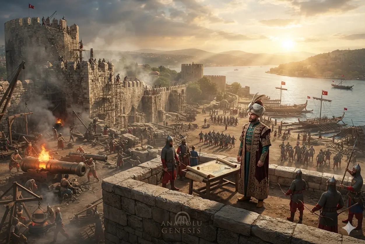 II. Mehmed'in İstanbul'un fethi öncesinde Rumeli Hisarı ve Osmanlı ordusunun hazırlıklarını gösteren tarihî sahne.