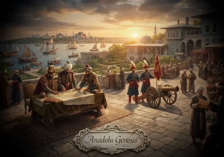 1700'lerde İstanbul'da Osmanlı yöneticilerinin reform ve strateji tartışmalarını yansıtan tarihî sahne; Gerileme Dönemi atmosferini betimleyen görsel.