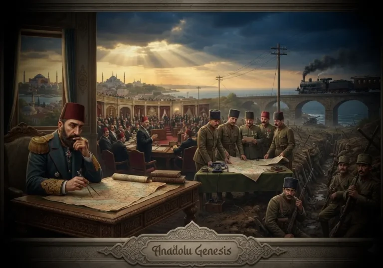 1876-1918 yılları arasında Osmanlı İmparatorluğu'nun son dönemini, reformları, savaşları ve çöküş sürecini betimleyen tarihsel sahne.