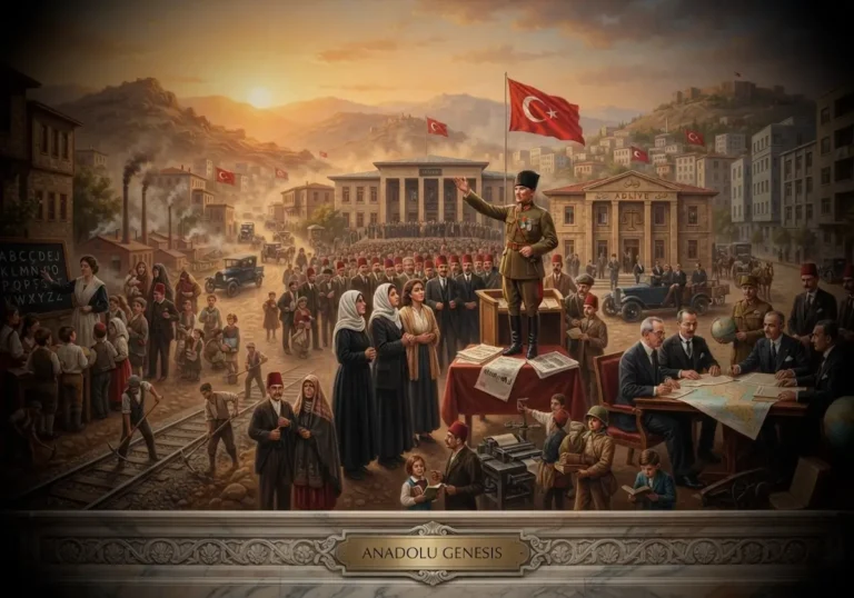 1919–1938 arasında Osmanlı'dan Cumhuriyet'e geçişi simgeleyen TBMM, eğitim reformları ve modernleşme sürecini gösteren tarihî sahne.
