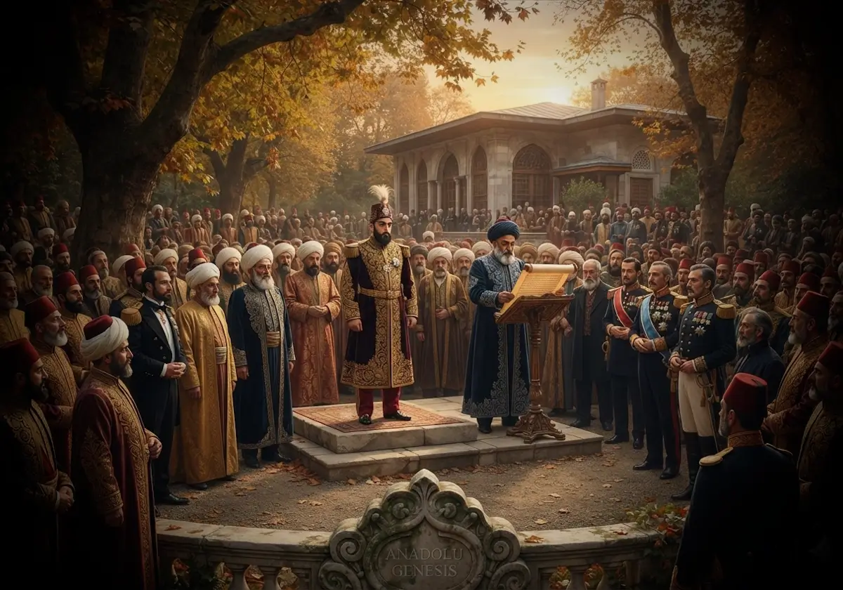 1839'da Gülhane Parkı'nda Tanzimat Fermanı'nın ilanını ve Sultan Abdülmecid'i tarihsel atmosfer içinde betimleyen gerçekçi sahne.