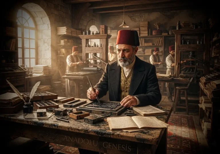 Agah Efendi'nin Osmanlı matbaasında Tercüman-ı Ahvâl'i hazırladığı tarihî sahneyi betimleyen gerçekçi görsel.