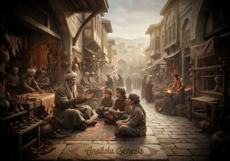 13.yüzyıl Anadolu'sunda Ahi Evran'ın esnaflara rehberlik ettiği, Ahilik kültürünü ve Selçuklu şehir yaşamını yansıtan tarihî çarşı sahnesi.