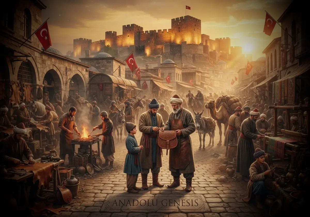 14.yüzyıl Ankara'sında Ahilerin yönettiği hareketli çarşıda zanaatkârlar, ustalar ve çırakların tarihî atmosfer içinde çalışmasını gösteren sahne.