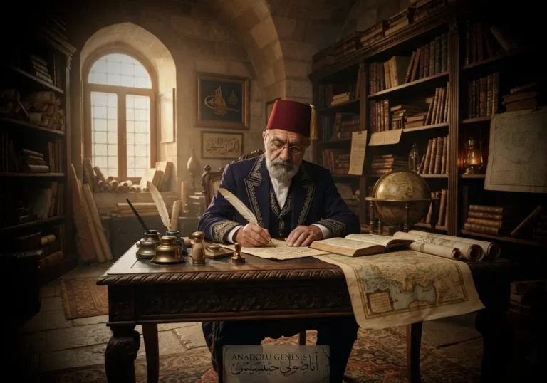 Ahmet Cevdet Paşa'nın Osmanlı arşivinde tarih yazarken tasvir edildiği, tarihçilik ve devlet yönetimini yansıtan gerçekçi sahne.