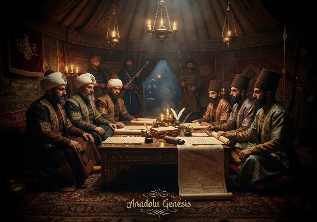 1732 Osmanlı-İran barış görüşmelerini tasvir eden sahnede Ahmet Paşa Antlaşması müzakereleri ve dönem atmosferi detaylı şekilde betimlenmiştir.
