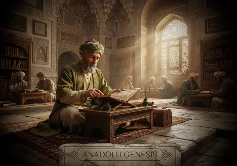 Karahanlı döneminde Atabetü'l Hakayık yazarı Ahmet Yükneki'yi tarihî bir kütüphane ortamında betimleyen gerçekçi sahne.