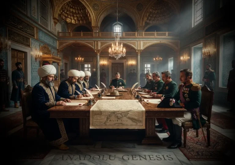 1826 Akkerman Sözleşmesi görüşmelerini tasvir eden, Osmanlı ve Rus heyetlerinin diplomatik müzakerelerini gösteren tarihî sahne.
