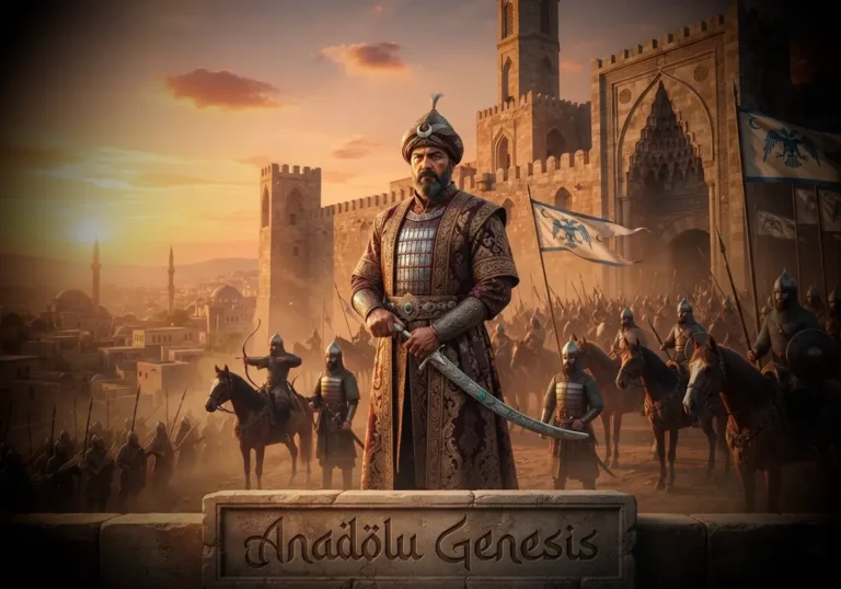 Alaeddin Ali Bey'in Karaman Kalesi önünde tasvir edildiği, Karamanoğulları Beyliği'nin tarihî atmosferini yansıtan gerçekçi sahne.