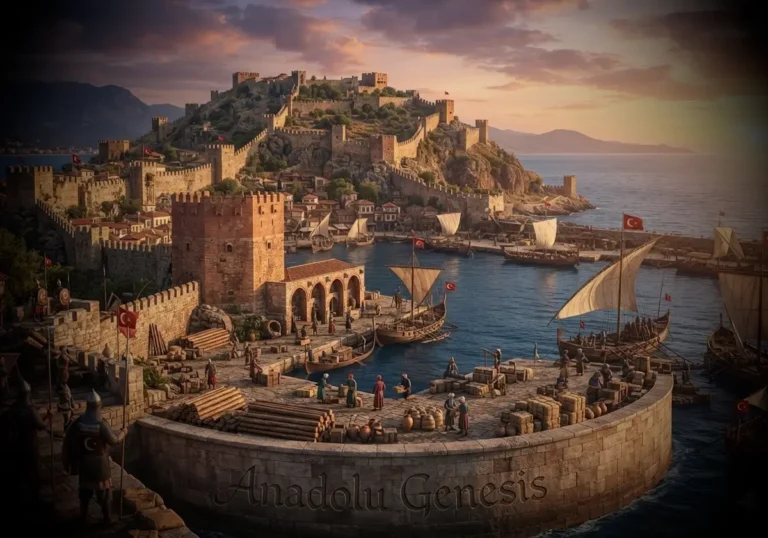 Alaiye Beyliği döneminde Alanya Kalesi, Kızılkule ve Akdeniz limanını gösteren tarihî canlandırma görseli.