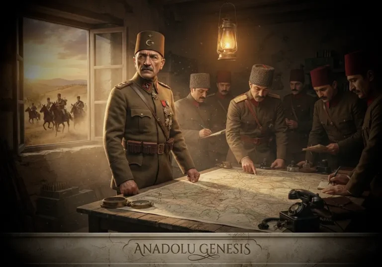 Ali Fuat Cebesoy'un Batı Cephesi'nin kuruluş sürecinde karargâhta stratejik planlama yaptığı tarihsel sahneyi gösteren görsel.