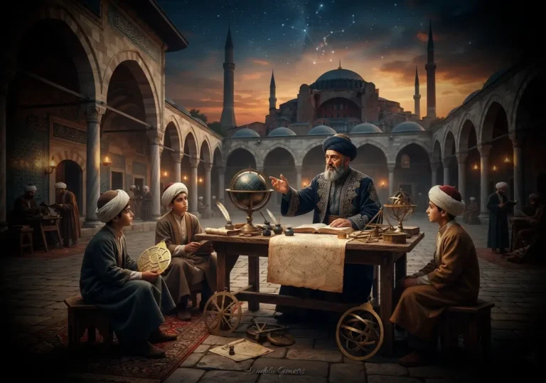 Ali Kuşçu'nun İstanbul'da Osmanlı medresesinde astronomi dersi verdiğini tasvir eden tarihsel ve bilimsel atmosferi yansıtan sahne.