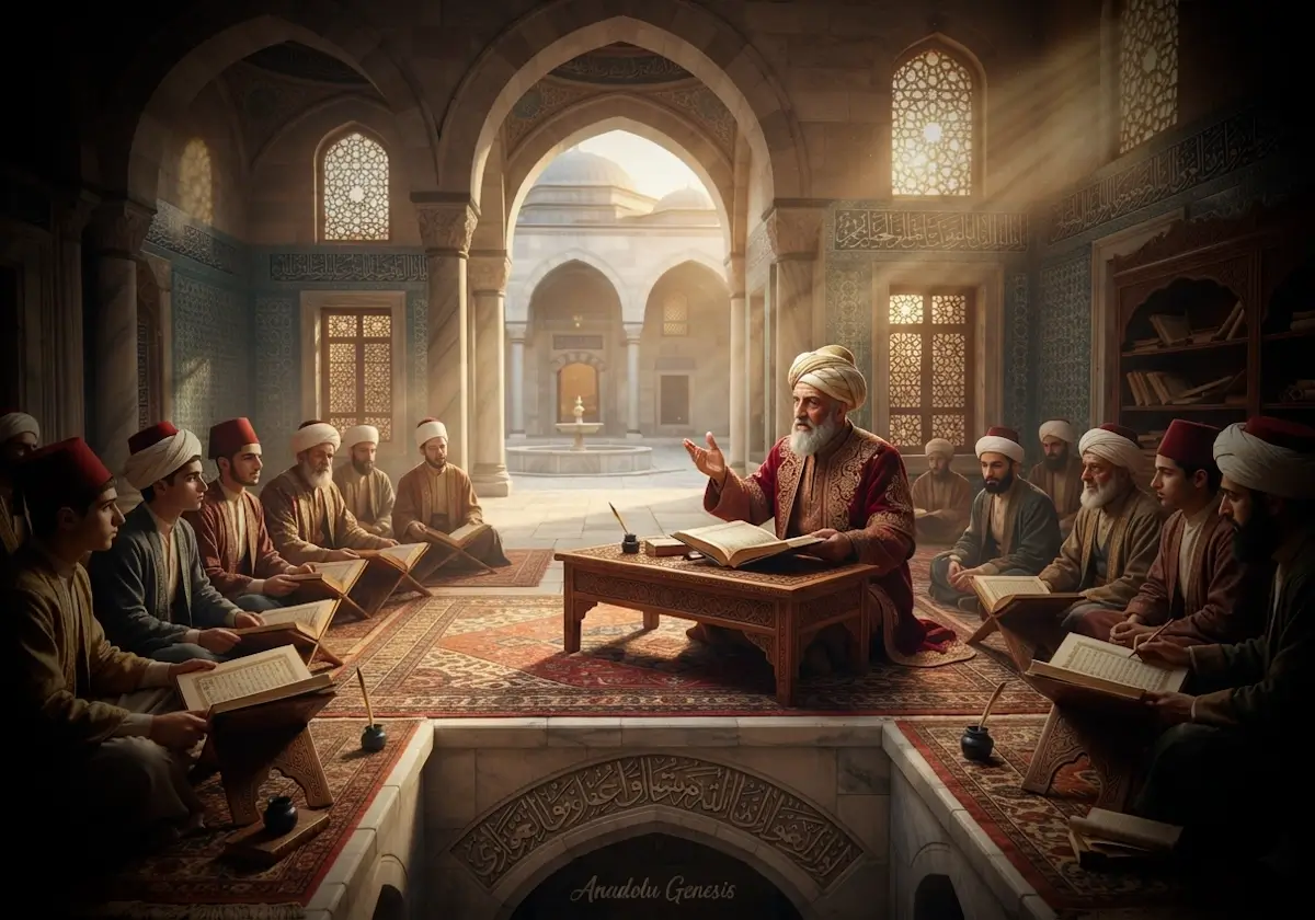Fatih dönemi Osmanlı medrese âlimi Ali Tusi'nin İstanbul'da öğrencilerine ders verdiği tarihî medrese ortamını betimleyen görsel.
