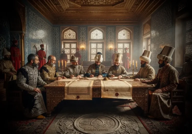 1555 Amasya Antlaşması'nın Osmanlı ve Safevî elçileri arasında imzalanışını gösteren tarihsel ve gerçekçi diplomatik sahne.