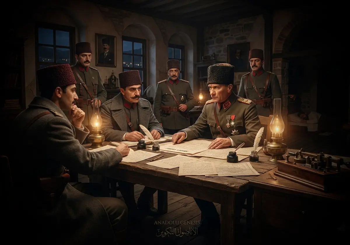 1919 yılında Amasya'da hazırlanan Amasya Genelgesi'ni konu alan tarihî sahne, Milli Mücadele'nin başlangıç sürecini yansıtan gerçekçi görsel.