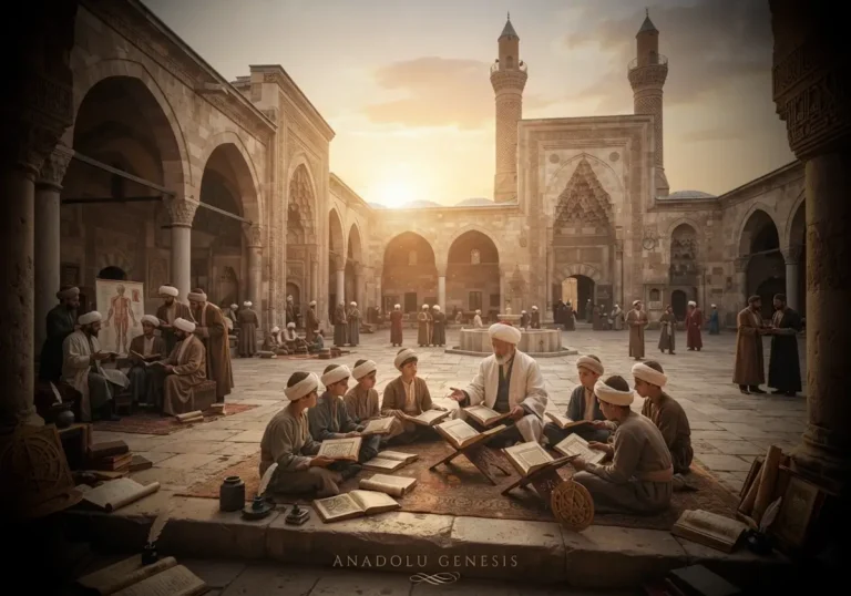 Anadolu Selçuklu döneminde Konya ve Kayseri'deki medreselerde eğitim gören öğrenciler ve âlimleri betimleyen tarihî sahne.