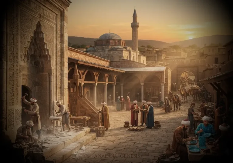 Anadolu Beylikleri Dönemi'nde taş ustaları, hattatlar ve zanaatkârların birlikte çalıştığı tarihî Anadolu kültür ve sanat ortamını betimleyen sahne.