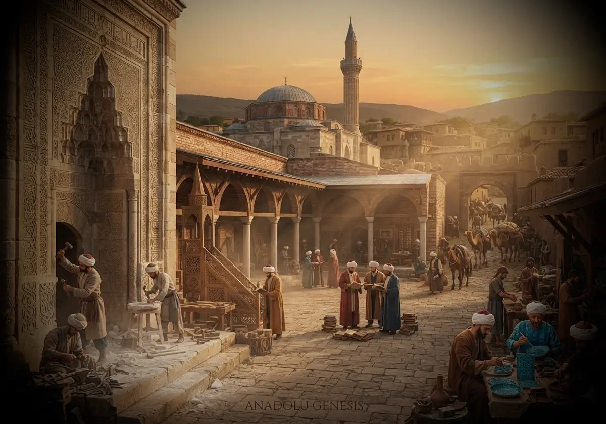 Anadolu Beylikleri Dönemi'nde taş ustaları, hattatlar ve zanaatkârların birlikte çalıştığı tarihî Anadolu kültür ve sanat ortamını betimleyen sahne.