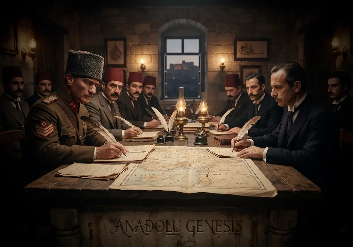1921 Ankara Antlaşması'nın imzalanmasını tasvir eden tarihî diplomasi sahnesi; TBMM heyeti ve Fransız temsilcileri Ankara'da müzakere masasında.