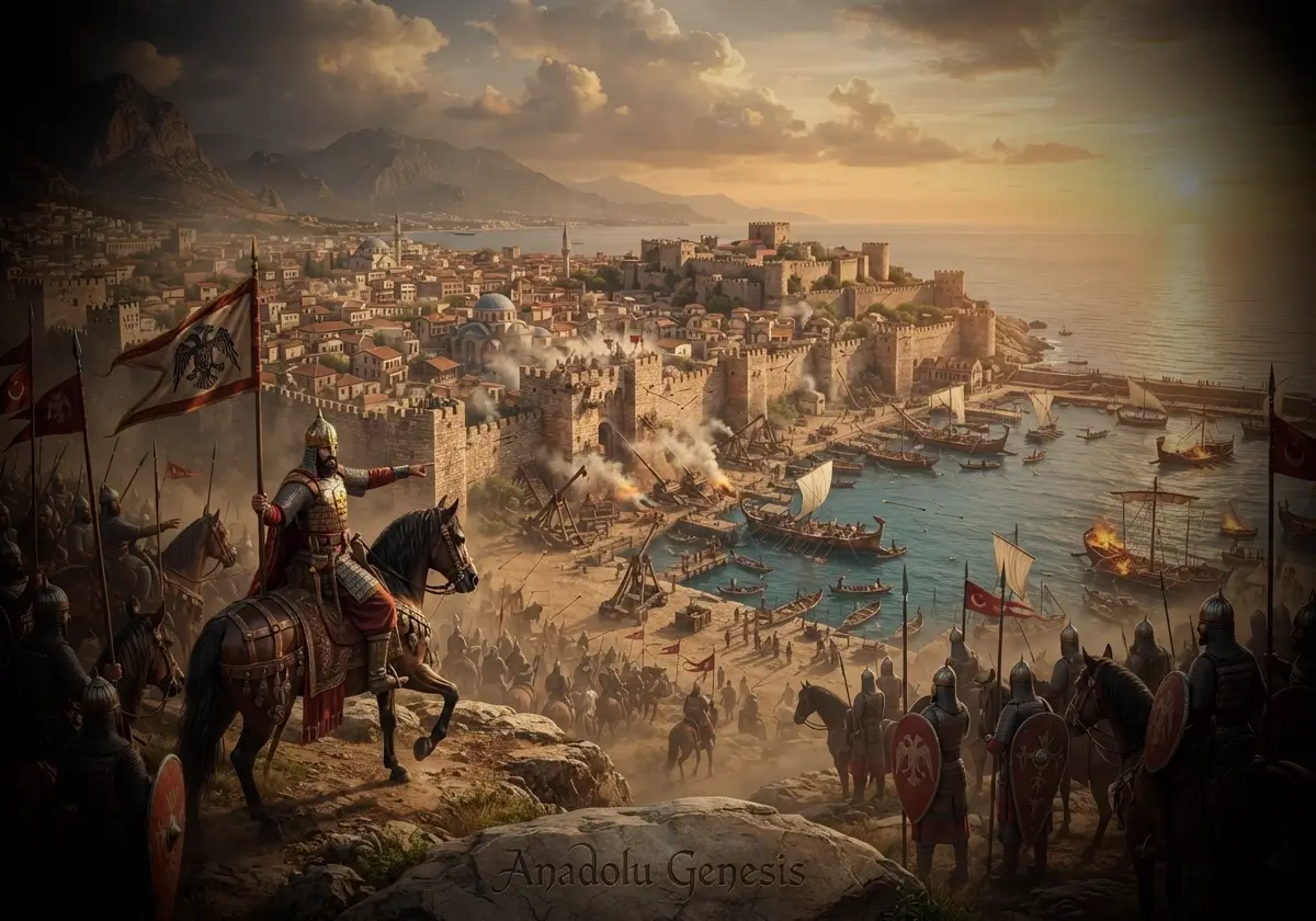 Antalya'nın 1207 yılında Selçuklular tarafından fethedilişini, Akdeniz limanı ve Selçuklu ordusunu gösteren tarihî canlandırma.