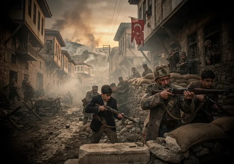 1920–1921 Antep Savunması sırasında taş sokaklarda mevzilenen direnişçileri ve kuşatma altındaki tarihi şehir dokusunu gösteren tarihsel sahne.