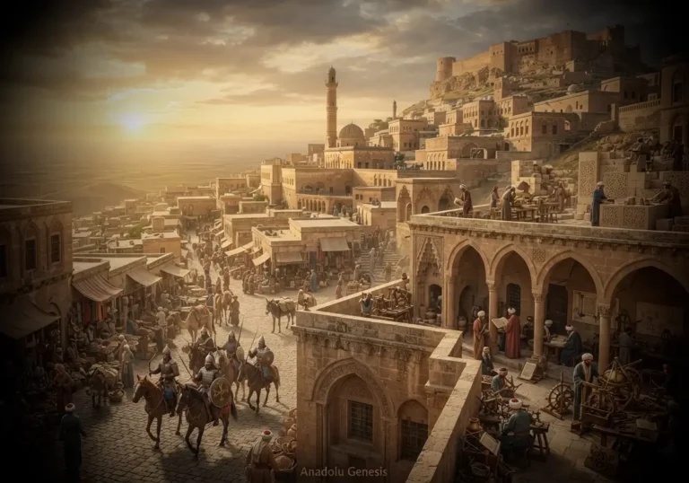 Artuklu Beyliği döneminde Mardin'de bilim, mimari ve şehir yaşamını yansıtan tarihî atmosferi gösteren detaylı canlandırma.