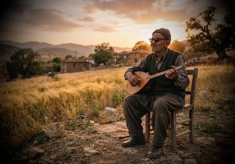 Cumhuriyet'in ilk yıllarında Anadolu kırsalında bağlama çalan Aşık Veysel'i tarihsel atmosfer içinde betimleyen gerçekçi sahne.