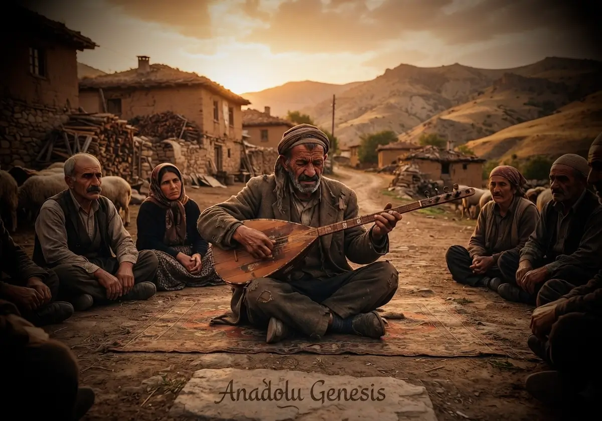 Aşık Veysel'in Cumhuriyet döneminde Anadolu köyünde bağlama çalarken tasvir edildiği tarihî ve gerçekçi sahne.