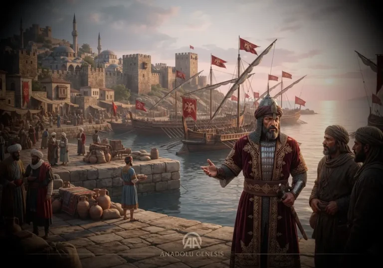 Aydınoğulları Beyliği döneminde Gazi Umur Bey komutasındaki Türk donanmasının Ayasuluk Limanı'ndan Ege Denizi'ne açılışını tasvir eden tarihî sahne.
