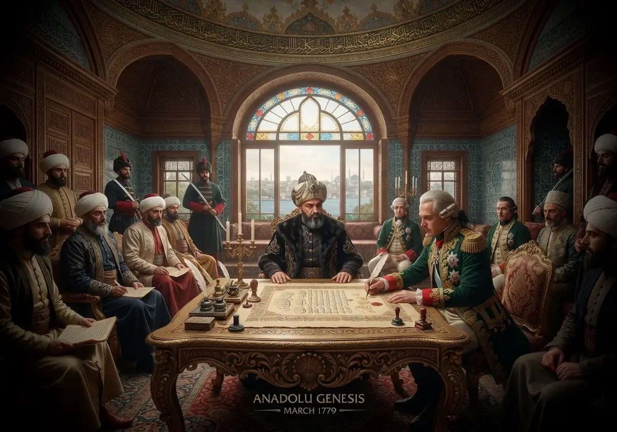 1779 Aynalıkavak Tenkihnamesi'nin Osmanlı ve Rus temsilcileri arasında İstanbul'da imzalanışını betimleyen tarihî sahne.