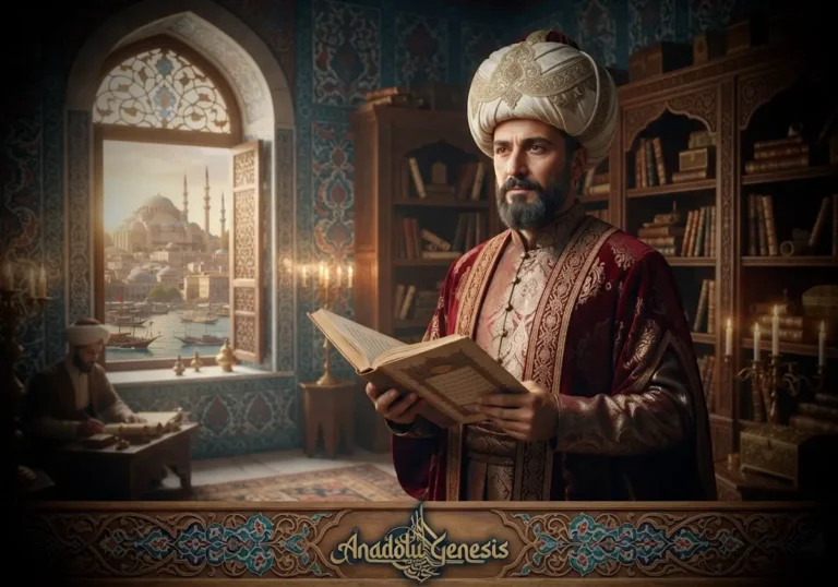 16. yüzyıl Osmanlı Divan şairi Bâkî'nin İstanbul'daki kültürel ortamını ve Osmanlı şiirinin altın çağını betimleyen tarihî görsel.